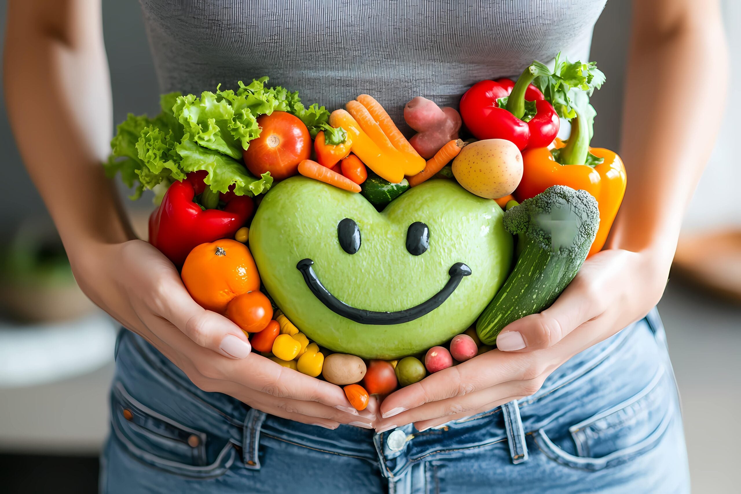 Person hält ein Herz aus Obst und Gemüse mit aufgemaltem Smiley vor dem Bauch, symbolisch für gesunde Ernährung und Wohlbefinden.