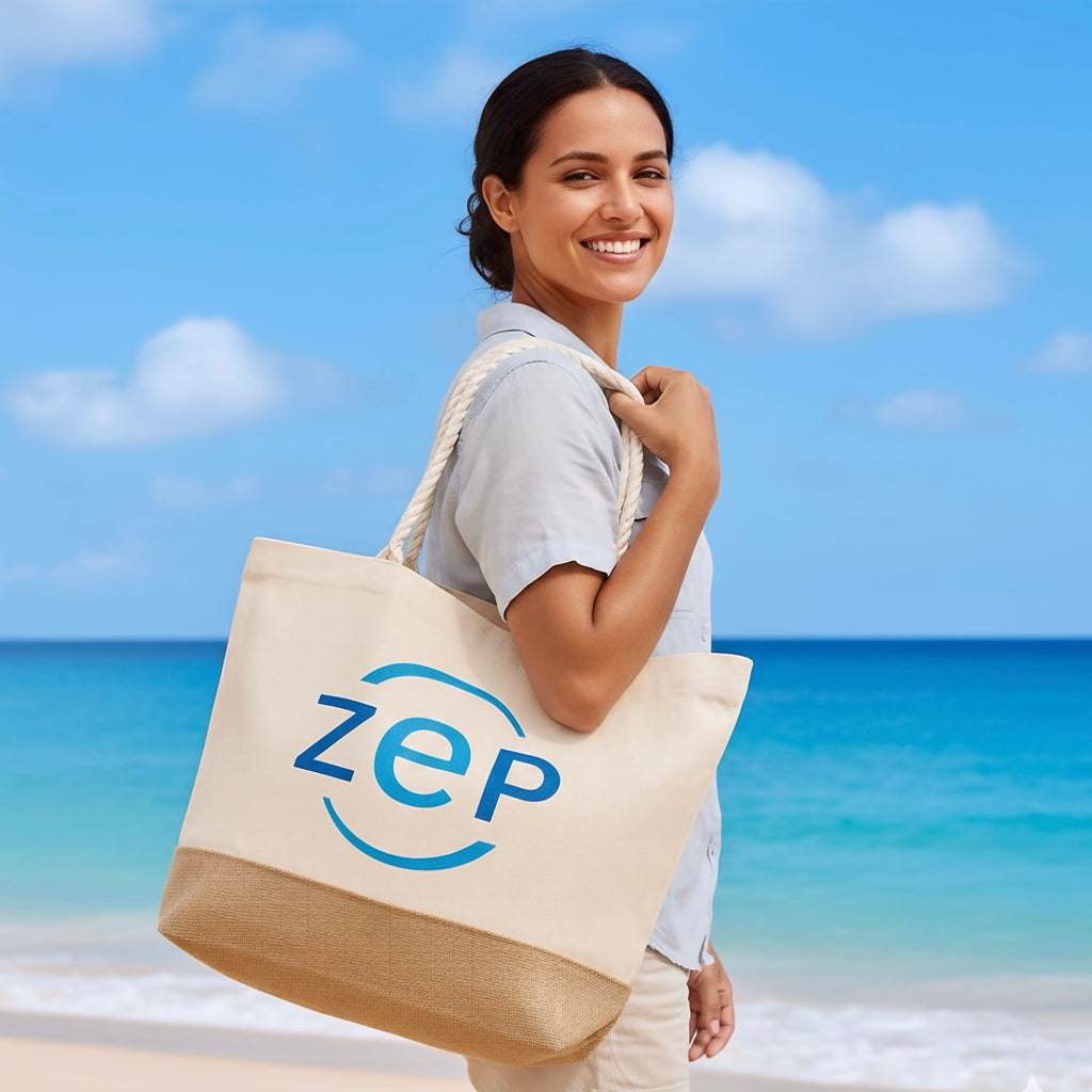 Frau am Strand trägt eine große Stofftasche mit blauem ZEP-Logo über der Schulter und lächelt in die Kamera. Im Hintergrund sind Meer, Strand und blauer Himmel zu sehen.