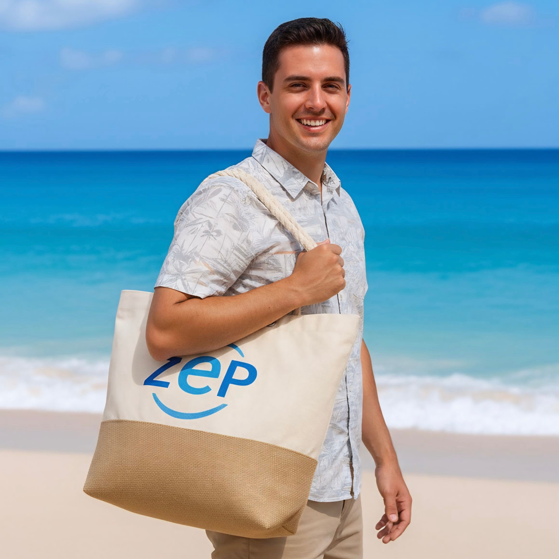 Mann am Strand trägt eine große Stofftasche mit blauem ZEP-Logo über der Schulter und lächelt in die Kamera. Im Hintergrund sind Meer und blauer Himmel zu sehen.