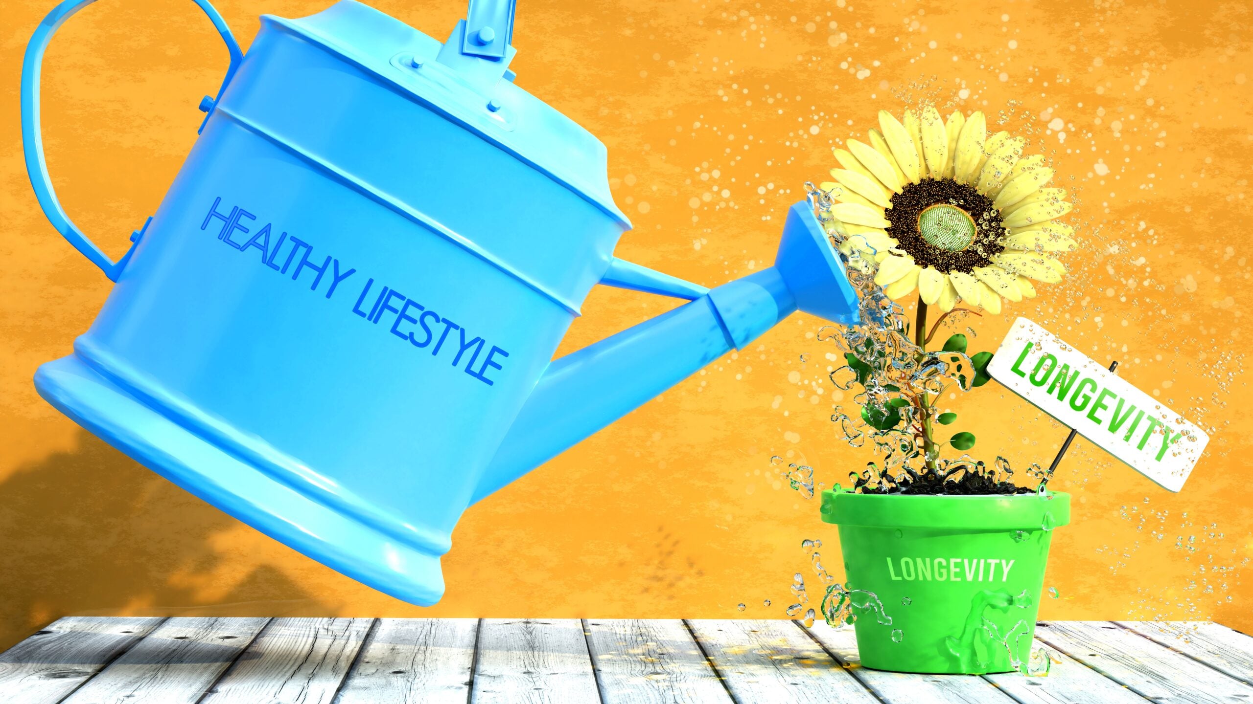 Grafik einer blauen Gießkanne mit der Aufschrift ‚Healthy Lifestyle‘, die eine Sonnenblume in einem grünen Blumentopf gießt. Auf dem Topf und einem Schild daneben steht ‚Longevity‘. Hintergrund in kräftigem Orange