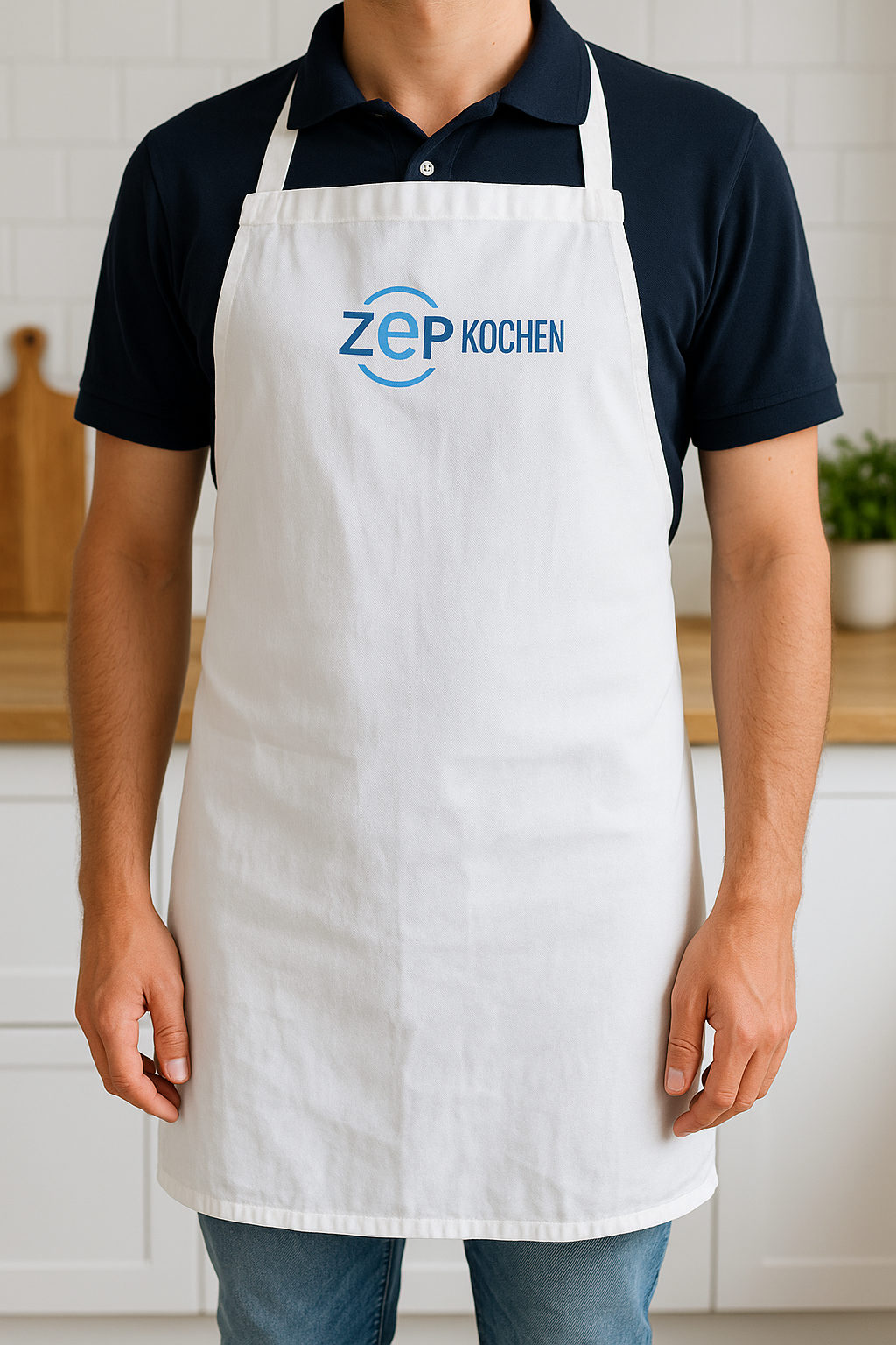 Person trägt eine weiße Kochschürze mit der blauen Aufschrift ‚ZEP Kochen‘ über einem dunkelblauen Polohemd. Der Hintergrund zeigt eine helle Küche
