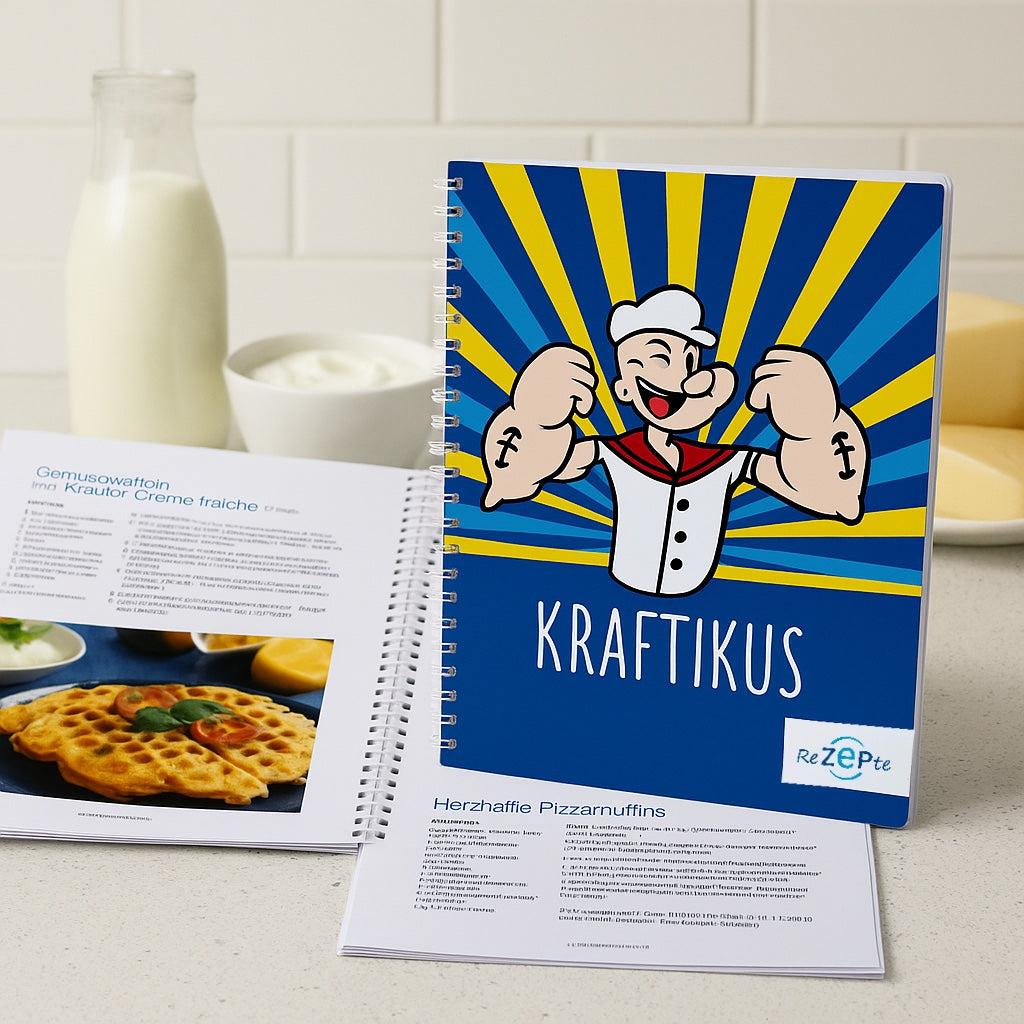 Spiralgebundenes Rezeptheft mit dem Titel ‚Kraftikus‘ und einer Comicfigur auf dem Cover, die die Muskeln anspannt. Daneben ein aufgeschlagenes Heft mit einem Rezept für herzhafte Pizzamuffins. Im Hintergrund stehen Milch und Joghurt.