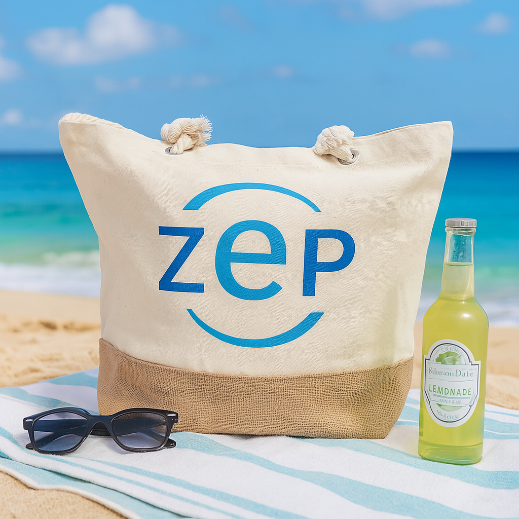 Strandtasche mit blauem ZEP-Logo steht auf einem Handtuch im Sand, daneben eine Sonnenbrille und eine Flasche Limonade, im Hintergrund das Meer