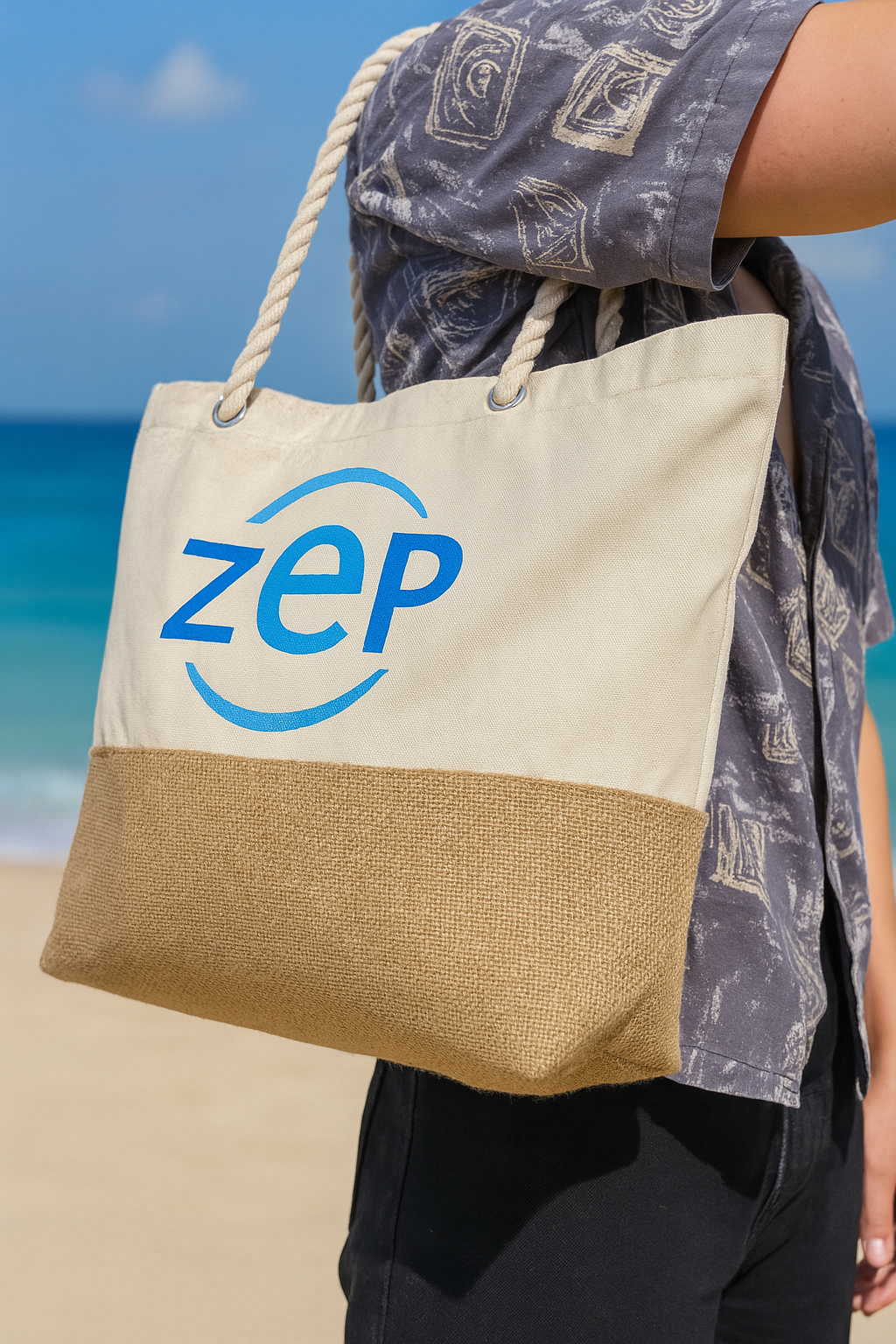 Nahaufnahme einer Stoff-Strandtasche mit blauem ZEP-Logo, getragen von einer Person am Strand mit Meer im Hintergrund