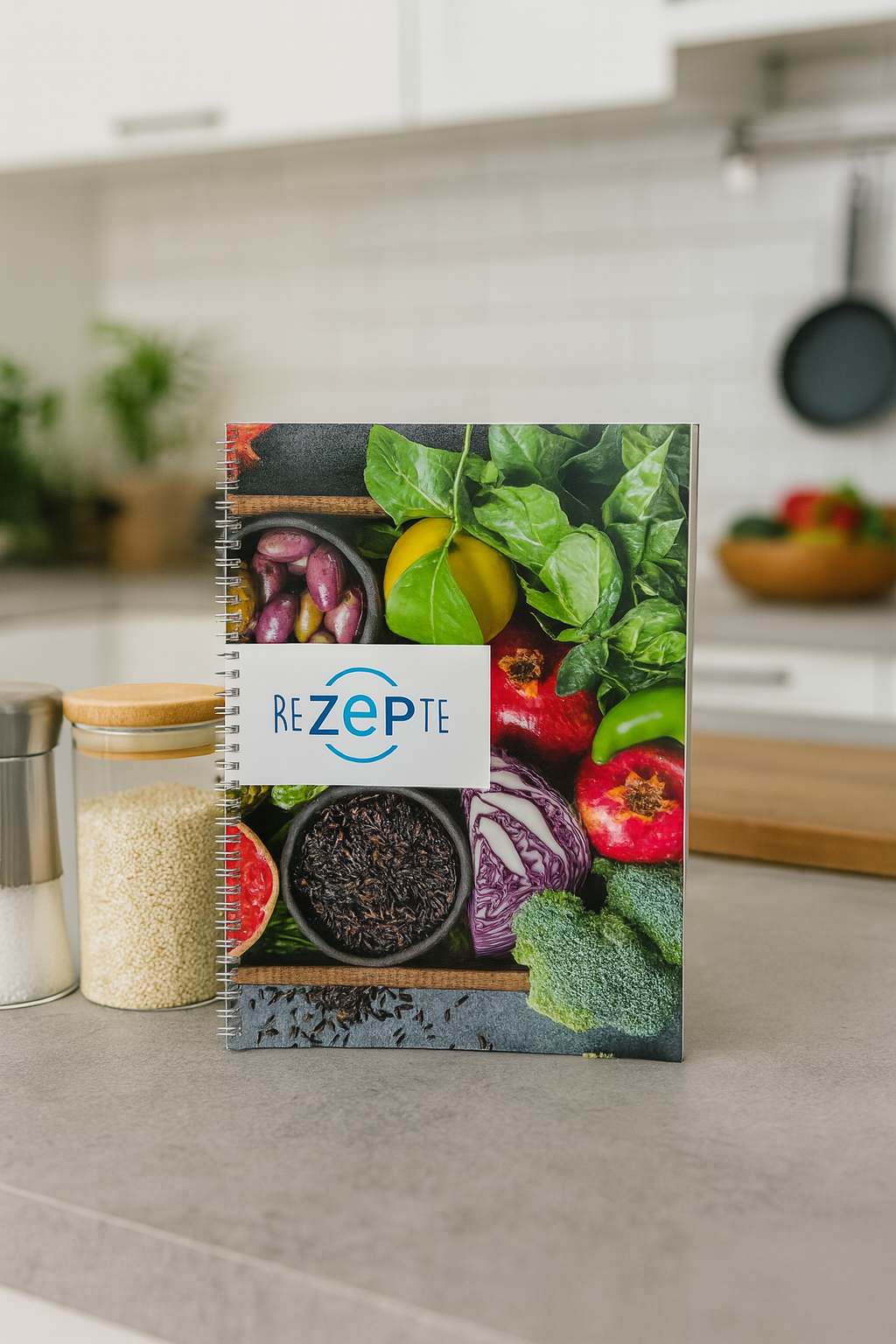 Spiralgebundenes Rezeptheft mit der Aufschrift ‚ReZEPte‘ und buntem Gemüse auf dem Cover steht auf einer Küchenarbeitsfläche. Daneben stehen Glasbehälter mit Körnern.