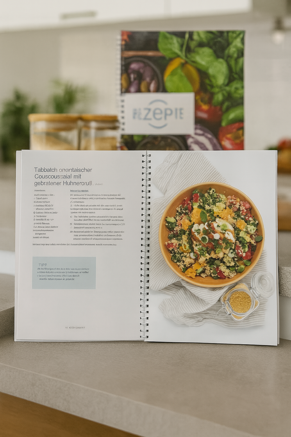 Aufgeschlagenes Rezeptheft ‚ReZEPte‘ liegt auf einer Küchenarbeitsfläche. Zu sehen ist ein Rezept für Taboulé, orientalischer Couscoussalat mit gebratener Hähnchenbrust, mit einem Foto des fertigen Gerichts in einer Schale