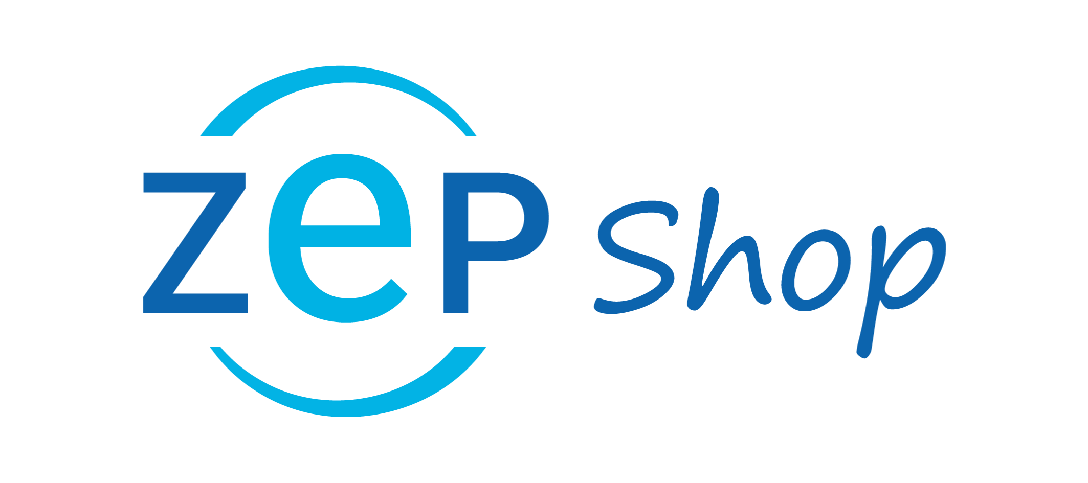 Logo mit der Aufschrift ‚ZEP Shop‘ in blauer Schrift, wobei das ‚e‘ von einem halben Kreis umschlossen ist. Transparenter Hintergrund